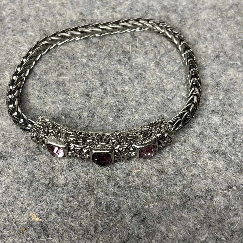 Purple Glass Stone Bracelet Silver Tone Bali Style Magnetic Clasp 7.5